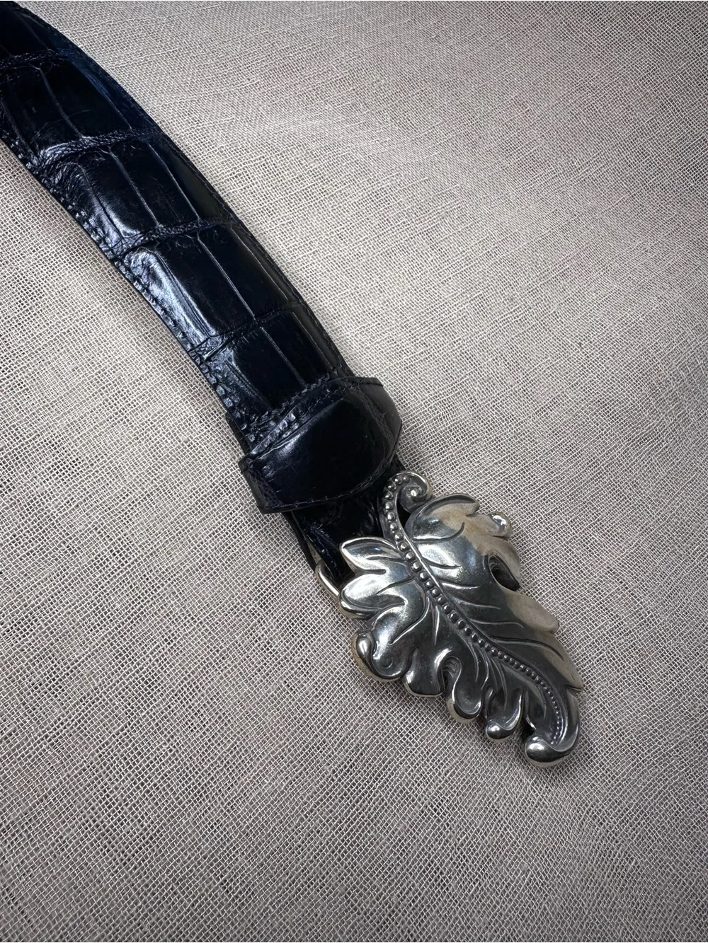 BRIGHTON Black Embossed Leather Belt Silver Leaf Buckle EUC